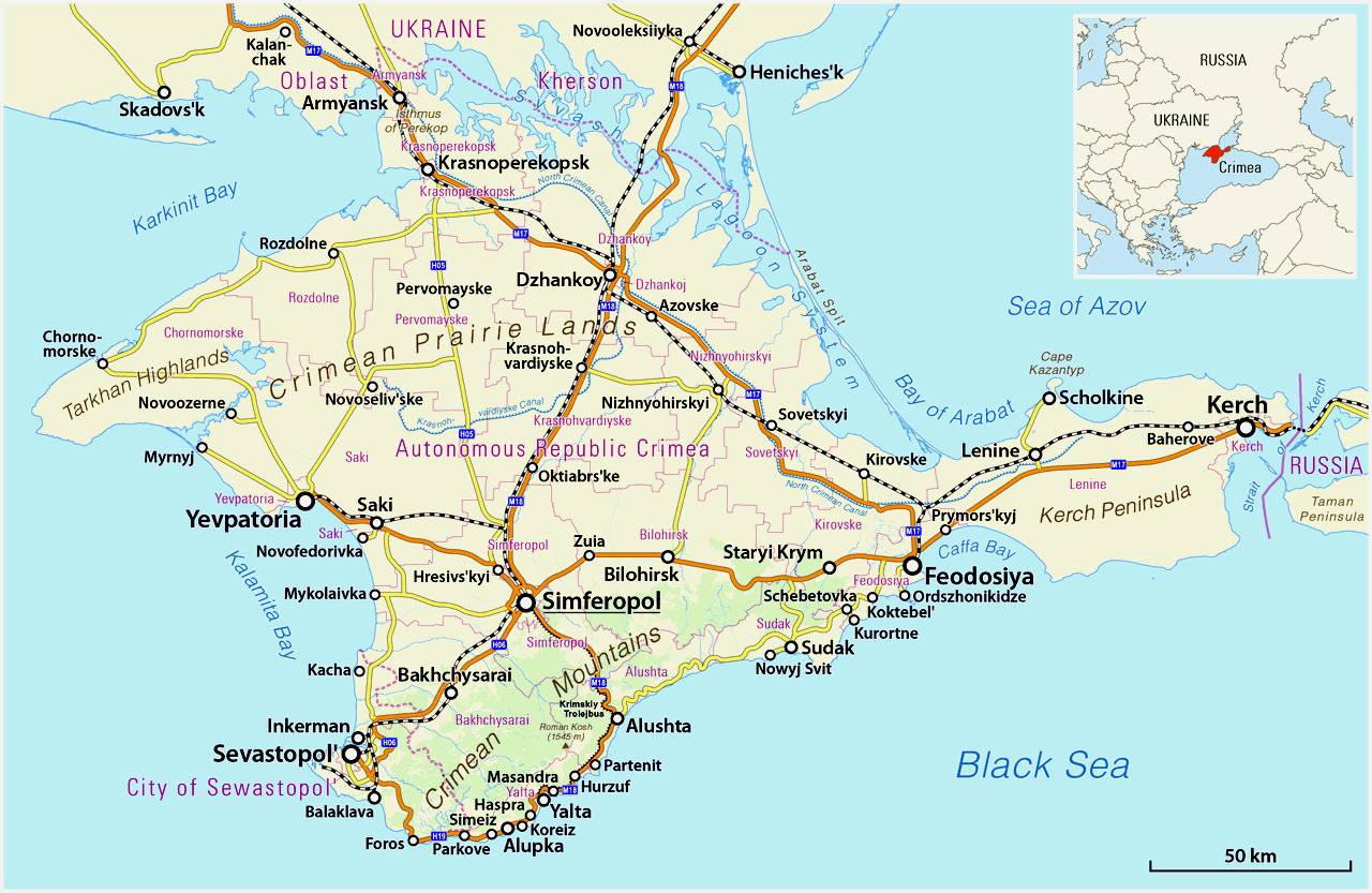 Crimea is a peninsula in Eastern Europe, on the northern coast of the Black Sea, almost entirely surrounded by the Black Sea and the smaller Sea of Azov. The Isthmus of Perekop connects the peninsula to Kherson Oblast in mainland Ukraine. To the east, the Crimean Bridge, constructed in 2018, spans the Strait of Kerch, linking the peninsula with Krasnodar Krai in Russia. The Arabat Spit, located to the northeast, is a narrow strip of land that separates the Syvash lagoons from the Sea of Azov. Across the Black Sea to the west lies Romania and to the south is Turkey. The largest city is Sevastopol. The region has a population of 2.4 million, and has been under Russian occupation since 2014.