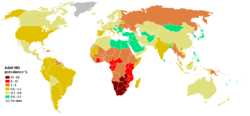 Prevalence of HIV among adults per country at the end of 2005 ██ 1550% ██ 515% ██ 15% ██ 0.51.0% ██ 0.10.5% ██ <0.1% ██ no data 