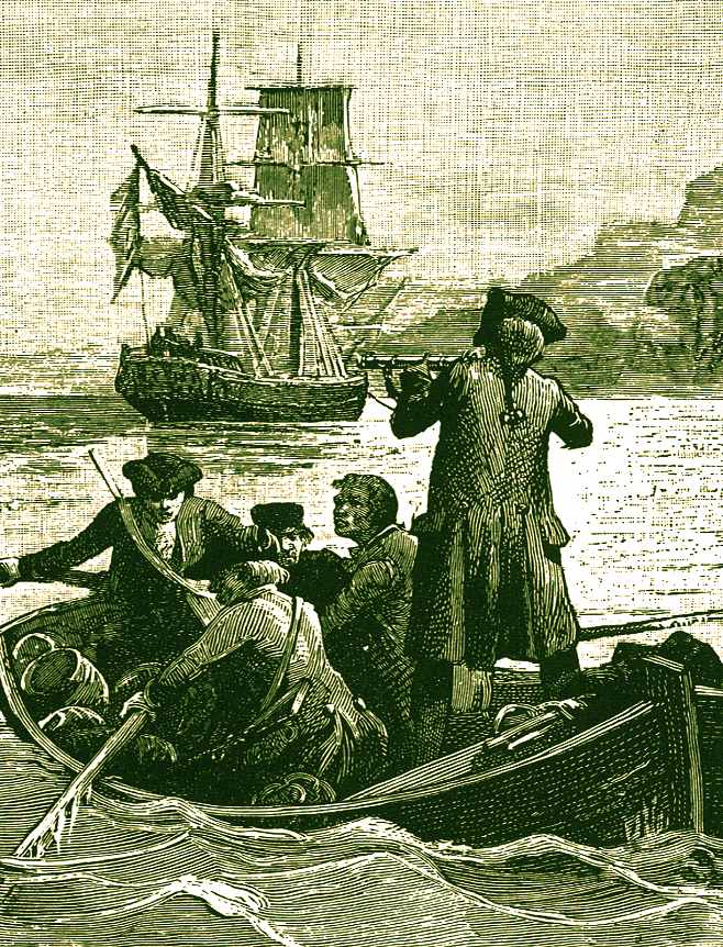 Treasure Island book illustration - jolly boat & Hispaniola schooner