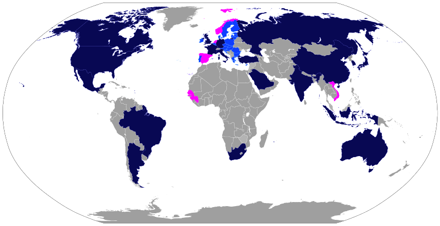 Map of the world and oceans G20 member countries