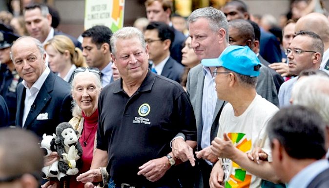 Al Gore, Bill de Blasio and Bn Ki Moon at the New York climate rally September 2014