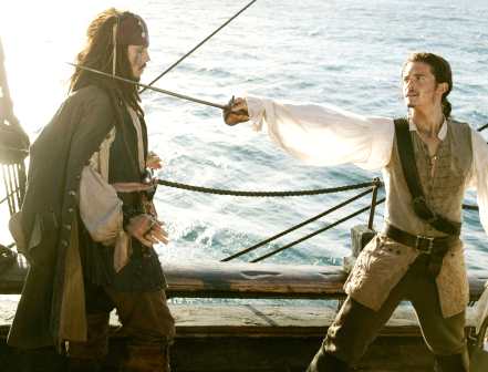 Johnny Depp and Orlando Bloom sword fencing