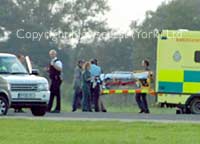 Paramedics prepare to take Richard Hammond to hospital after the crash at Elvington Airfield