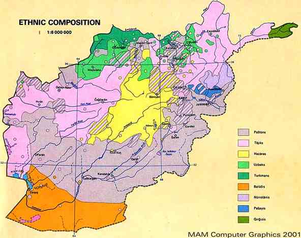 Map of Afghanistan showing ethnic composition