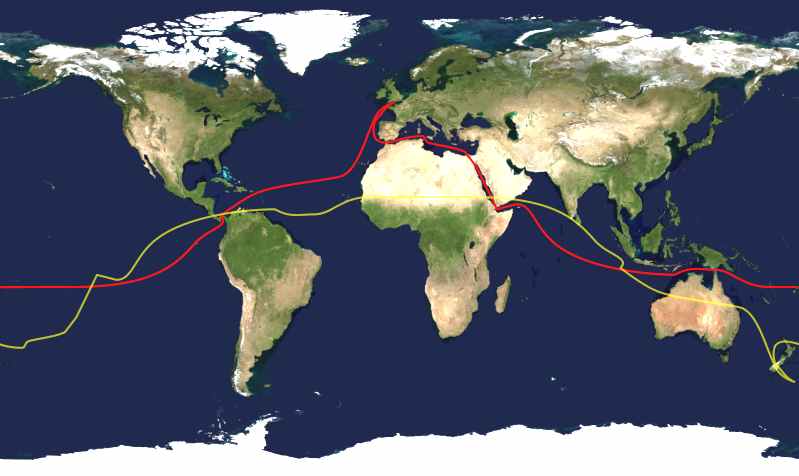 Route of a typical modern sailing circumnavigation, via the Suez Canal and the Panama Canal is shown in red; its antipodes are shown in yellow