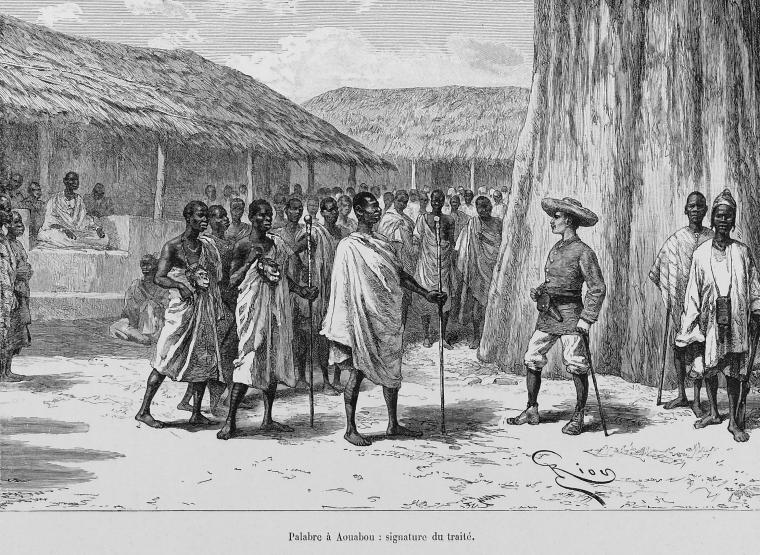 Compared to neighbouring Ghana, Ivory Coast, though practising slavery and slave raiding, suffered little from the slave trade. European slave and merchant ships preferred other areas along the coast. The earliest recorded European voyage to West Africa was made by the Portuguese in 1482. The first West African French settlement, Saint-Louis, was founded in the mid-17th century in Senegal, while at about the same time, the Dutch ceded to the French a settlement at Gore Island, off Dakar. A French mission was established in 1687 at Assinie near the border with the Gold Coast (now Ghana). The Europeans suppressed the local practice of slavery at this time and forbade the trade to their merchants.