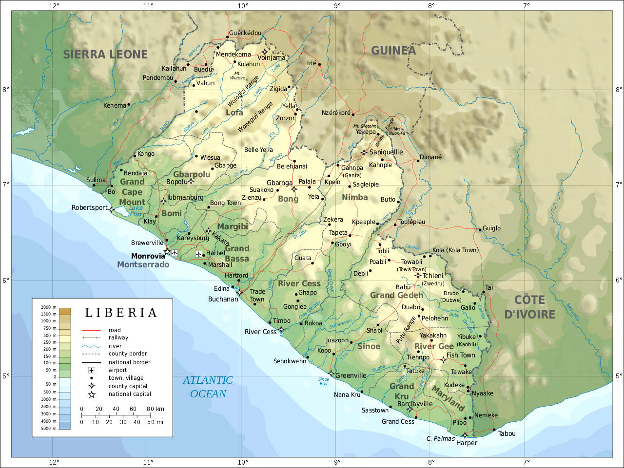 Liberia, officially the Republic of Liberia, is a country on the West African coast. It is bordered by Sierra Leone to its northwest, Guinea to its north, Ivory Coast to its east, and the Atlantic Ocean to its south and southwest. It has a population of around five and one-half million and covers an area of 43,000 square miles (111,369 km2). The country's official language is English; however, over 20 indigenous languages are spoken, reflecting the country's ethnic and cultural diversity. The capital and largest city is Monrovia.