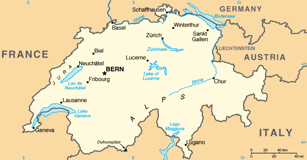 Map of Switzerland. Switzerland is bordered by Germany, France, Italy, 