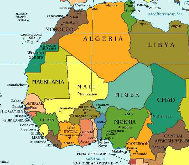 map of western european countries. Map of West Africa