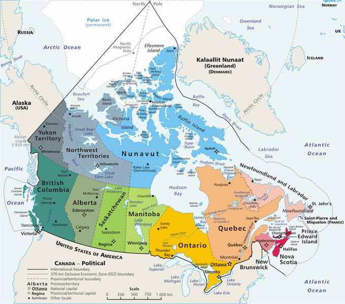 Political map of Canada. The Hudson Bay watershed drains over a third of 