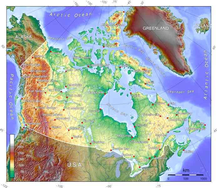 topographic world map. Topographic map of Canada