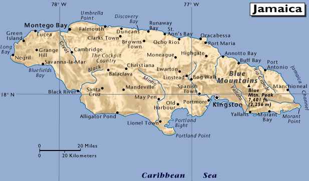 Map of Jamaica. Its indigenous Arawakan-speaking Taíno inhabitants named the 