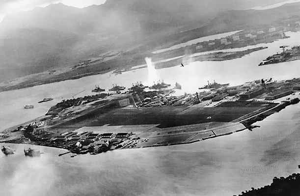 Pearl Harbour attack aerial view. Torpedo exploding into USS West Virginia, 