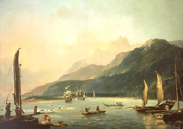 HMS Resolution Captain James Cook in Matavai Bay Tahiti painting by Hodges