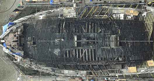 The Cutty Sark's fire damaged hull 21 May 2007 aerial photo