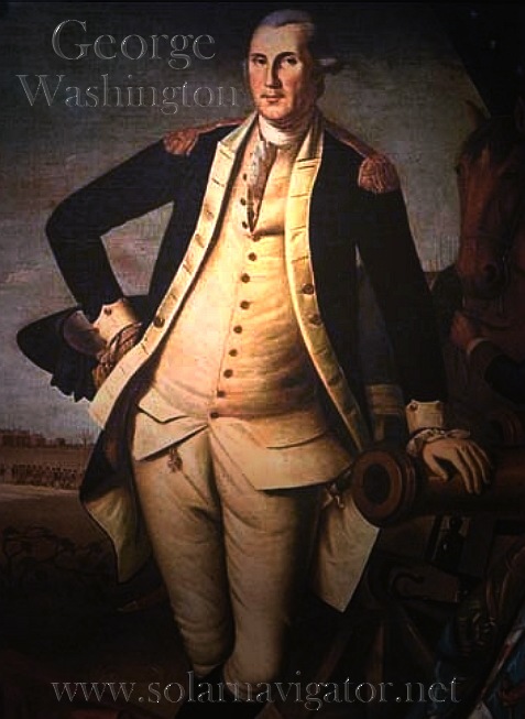 George Washington battle pose on canon, portrait by John Trumbull