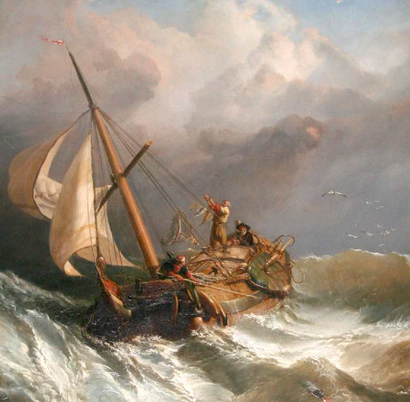 Stormy clouds boat as sea battling high winds painting Victoria and Albet Museum