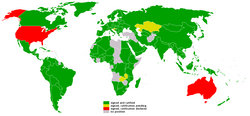 Participation in the Kyoto Protocol, where dark green indicates countries that have signed and ratified the treaty and yellow indicates states that have signed and hope to ratify the treaty.  Notably, Australia and the United States have signed but, currently, decline to ratify it.