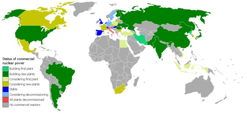 Map of the world showing nuclear risk areas