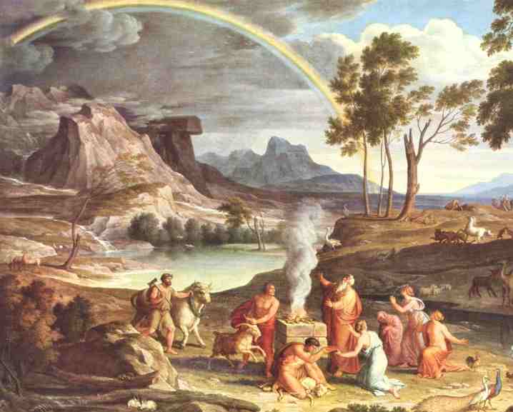 Noah's Thanksoffering (c.1803) by Joseph Anton Koch. Noah builds an altar to the Lord after being delivered from the Flood; God sends the rainbow as a sign of his covenant (Genesis 8-9)