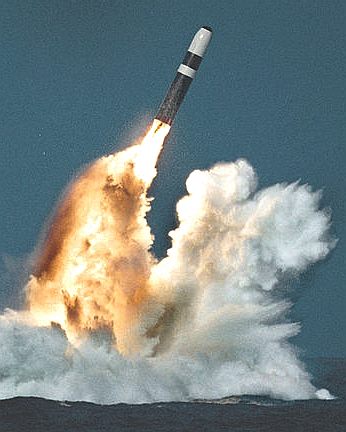 A Trident II missile with a nuclear tipped warhead 