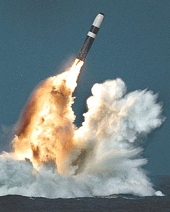 A Trident II missile with a nuclear tipped warhead
