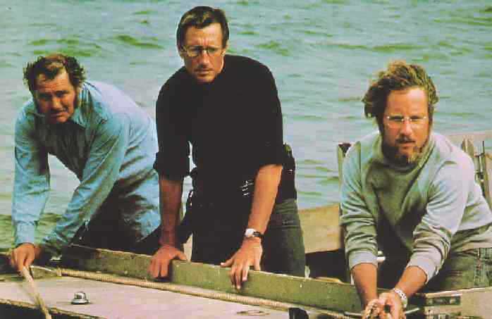 Captain Quint, chief Brody and Hooper at the stern watching Jaws