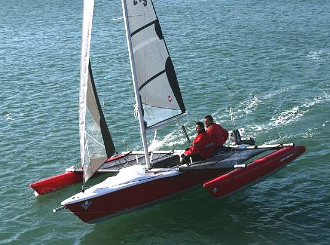 Wooden trimaran sailing boat