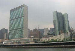 The headquarters of the United Nations, located in New York City. The United Nations was founded as a direct result of World War II.