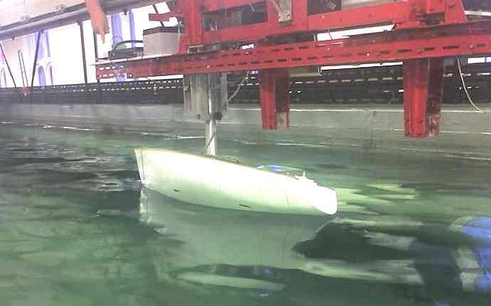 A model being tested in the water towing tank of Newcastle University