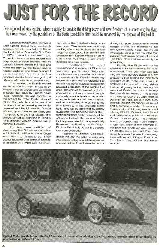 Kit Cars International article Bluebird electric LSR car 1995