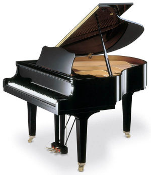 A "baby grand" piano, with the lid up.  Most pianos are about 150 cm wide.  Baby grands such as this are about as long as they are wide, but a concert grand can measure up to 3 m perpendicular to its keyboard.
