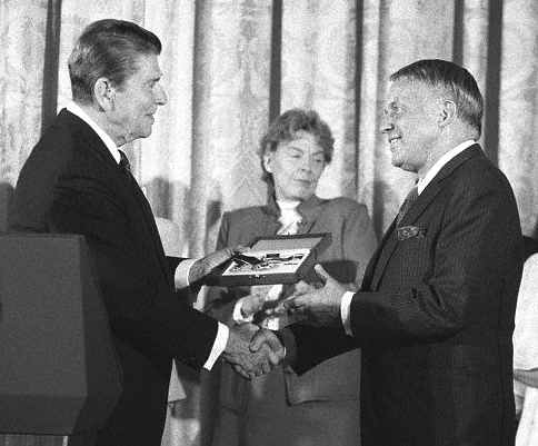 Sinatra is awarded the Presidential Medal of Freedom by President Ronald Reagan