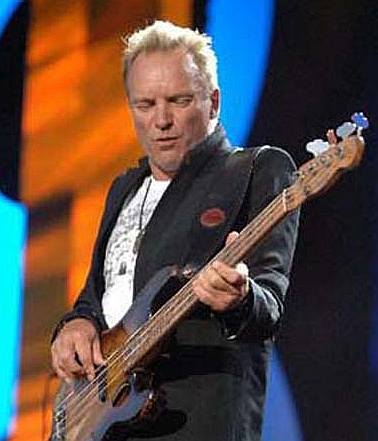 Sting the musician on stage playing bass guitar