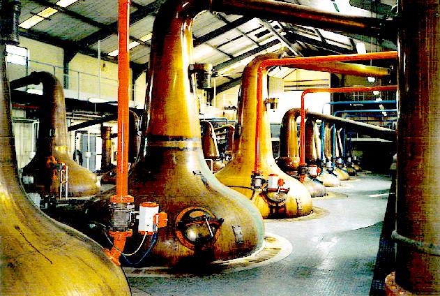 Copper stills used to make Scotch whisky, Glenfiddich distilery in Scotland