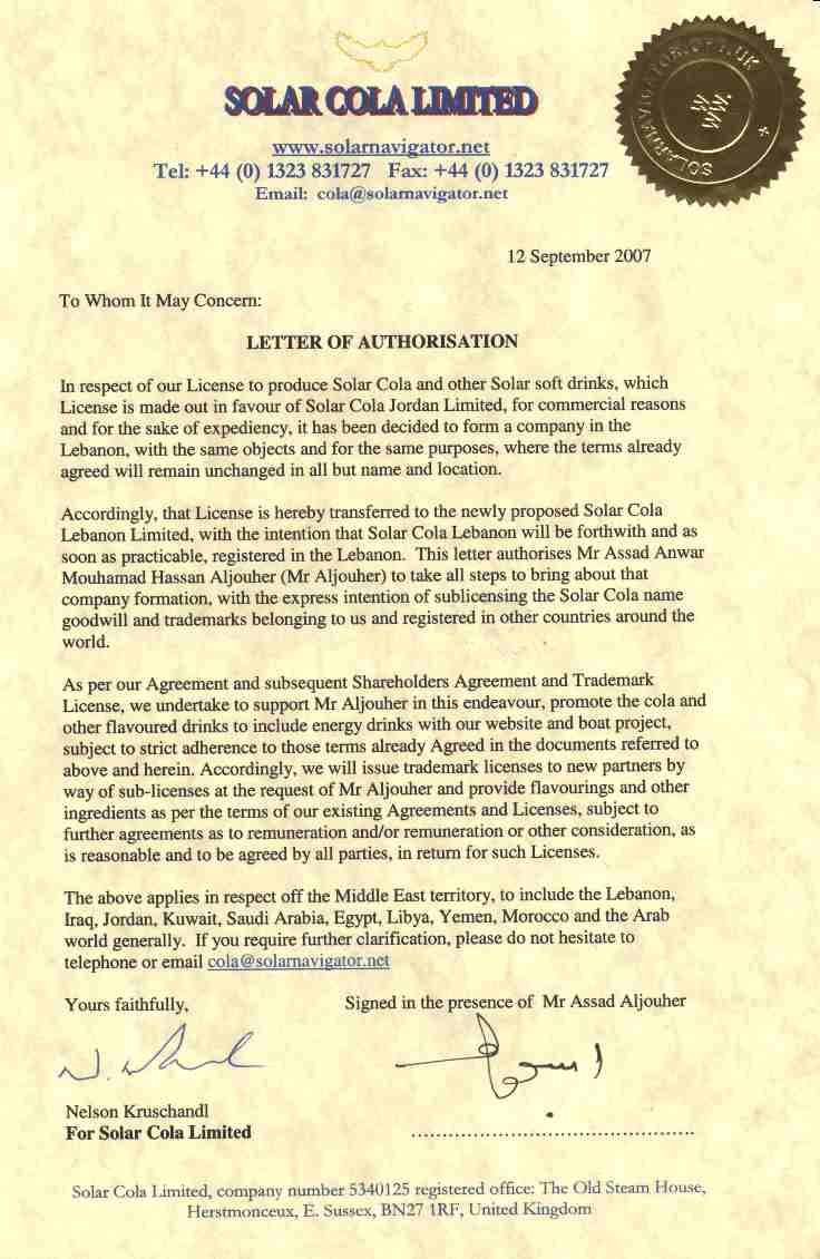Letter of Authorisation Sept 07 Assad Aljouher Solar Cola Limited