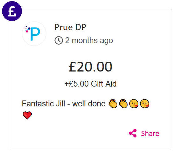 Prue D P gave 20 to Jill Finn's race for life