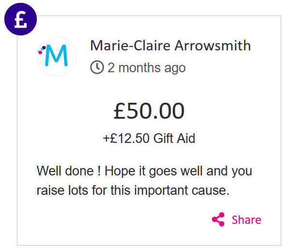 Marie-Claire Arrowsmith gave 50 to Jill Finn's race for life