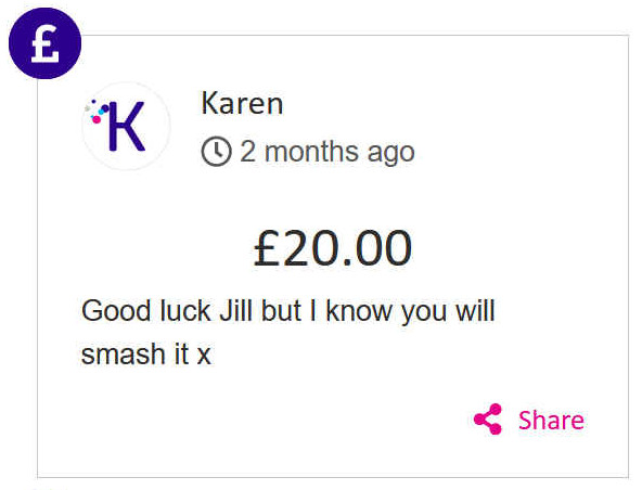 Karen gave 20 to Jill Finn's race for life