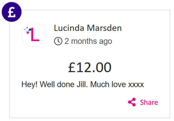Lucinda Marsden donated 12 to Jill Finn's race for life