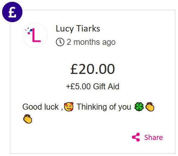 Lucy Tiarks gave 20 to Jill Finn's race for life