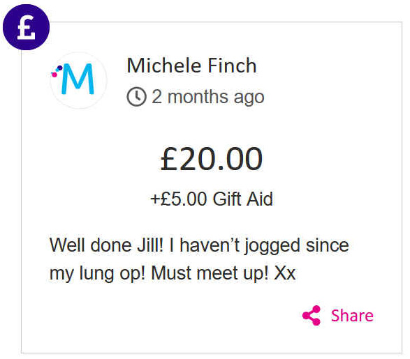 Michelle Finch gave 20 to Jill Finn's race for life