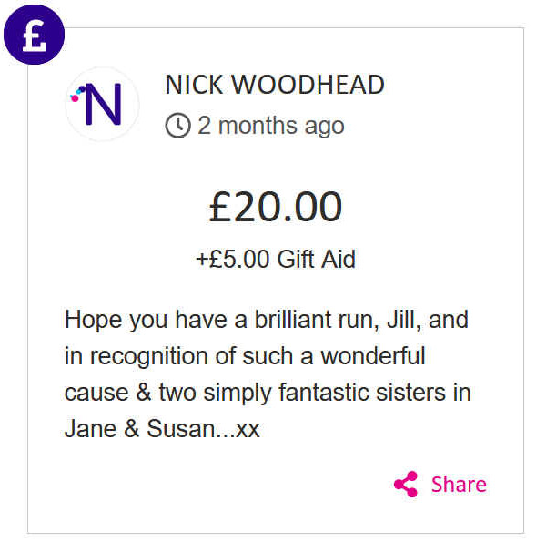 Nick Woodhead gave 20 to Jill Finn's race for life