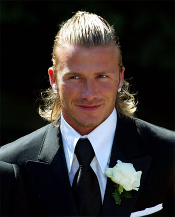 David Beckham wedding suit and rose pony tail