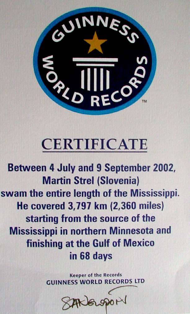 Guinness world record certificate swimming the Missisippi