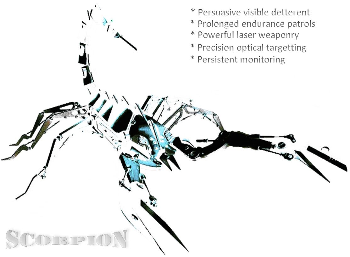 Scorpion, robotic autonomous patrol weapon and self defence system