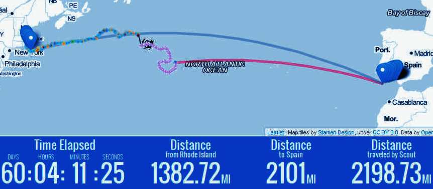 Atlantic Ocean map, showing Scout's progress and route