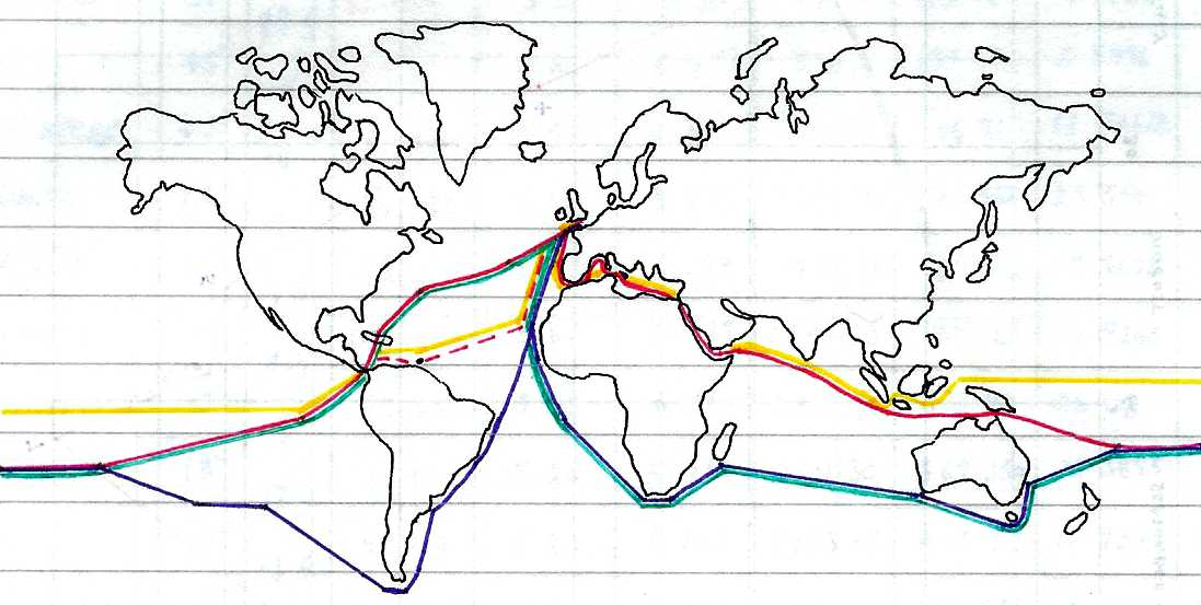 Map study showing alternative routes investigated for the SolarNavigator Mk2