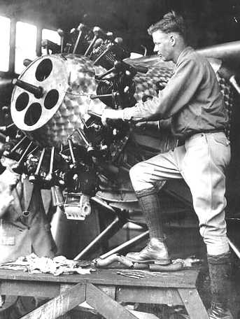 Charles Lindbergh working on aero engine Spirit of St Louis