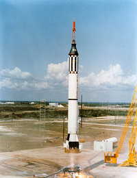May 5, 1961 launch of Redstone rocket and NASA's Mercury 3 capsule Freedom 7 with Alan Shepard Jr. on the United States' first human flight into sub-orbital space. (Atlas rockets were used to launch Mercury's orbital missions.)